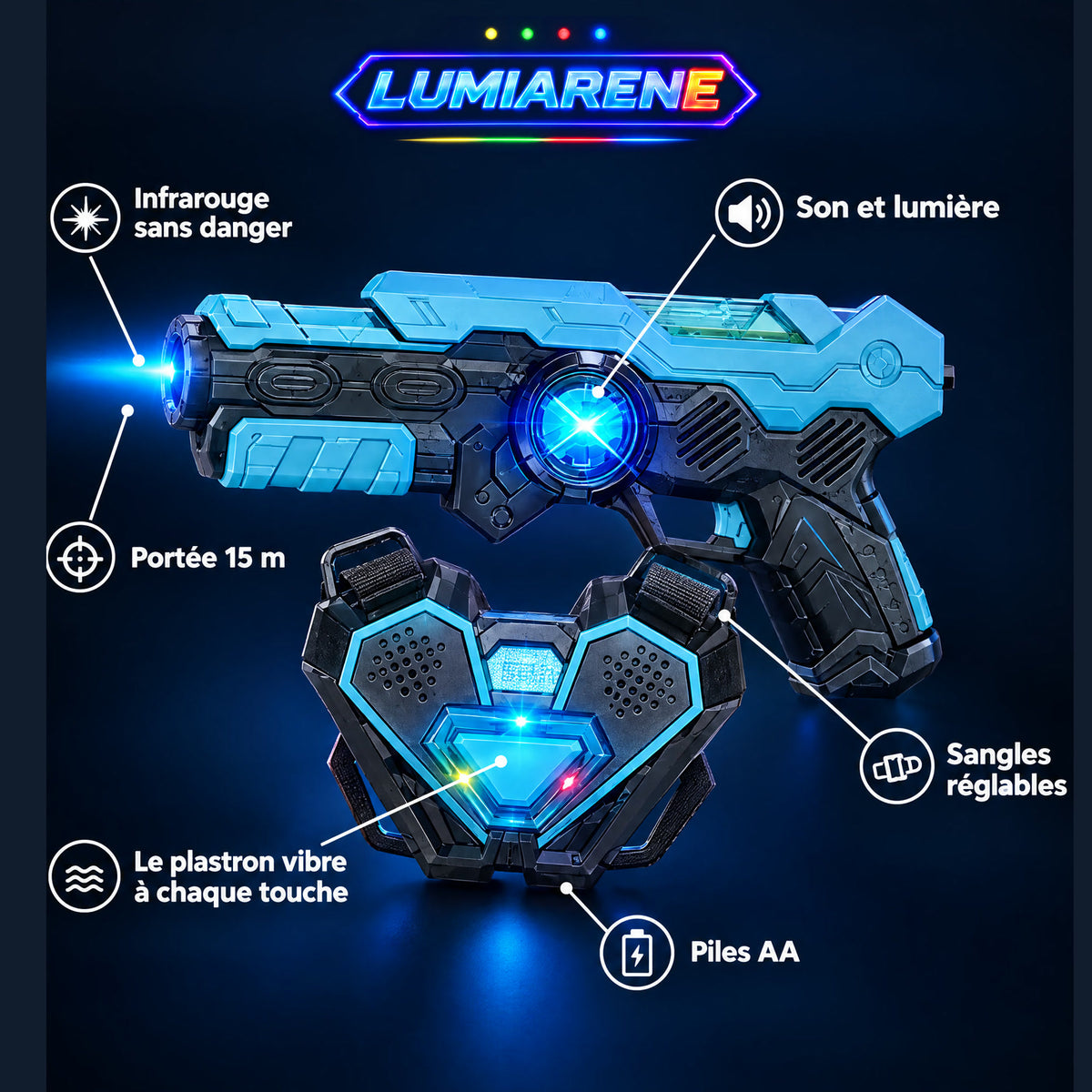 LUMIARENE : infrarouge sans danger, son et lumière, portée 15 m, plastron qui vibre, sangles réglables, piles AA